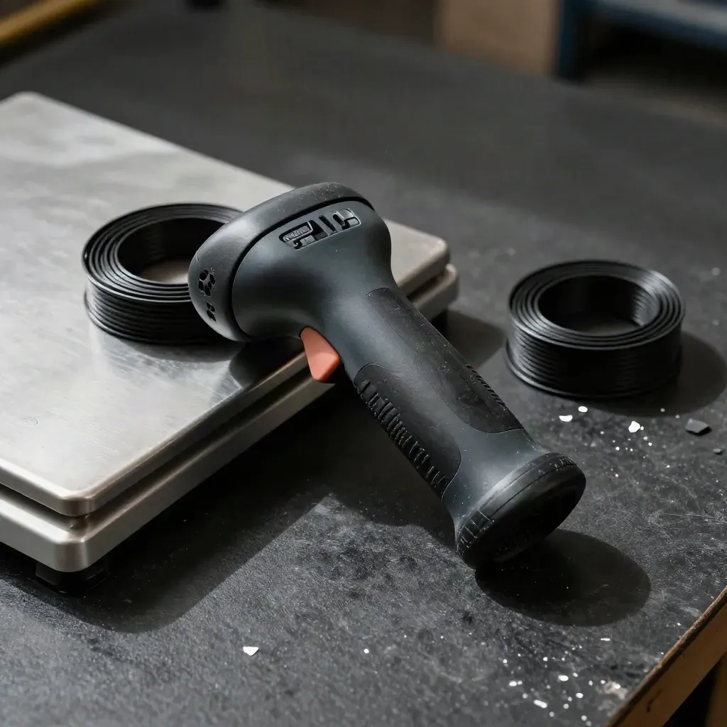 Top-down close-up of a warehouse scanner, parcel scale corner, and cable ties on charcoal rubber.