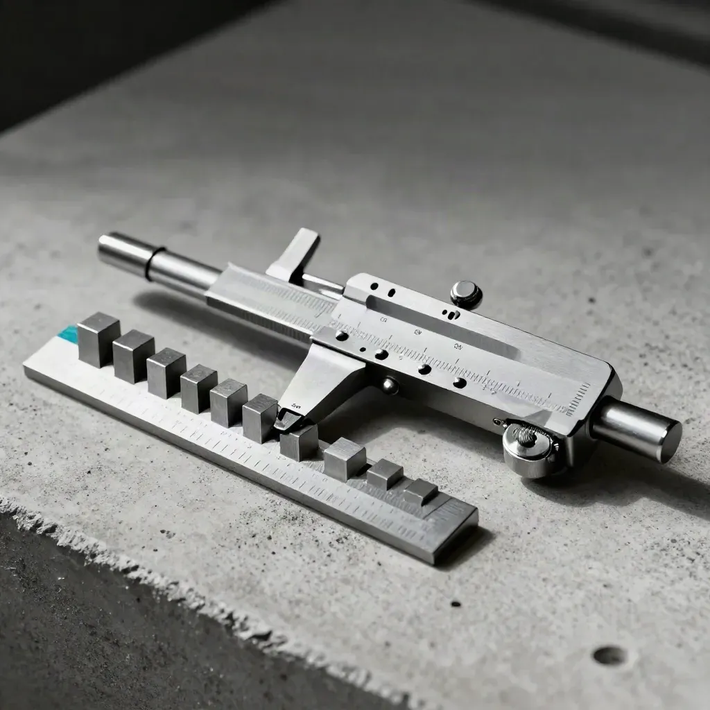 Micrometer, gauge blocks, and angle plate on pale concrete under dramatic side light.