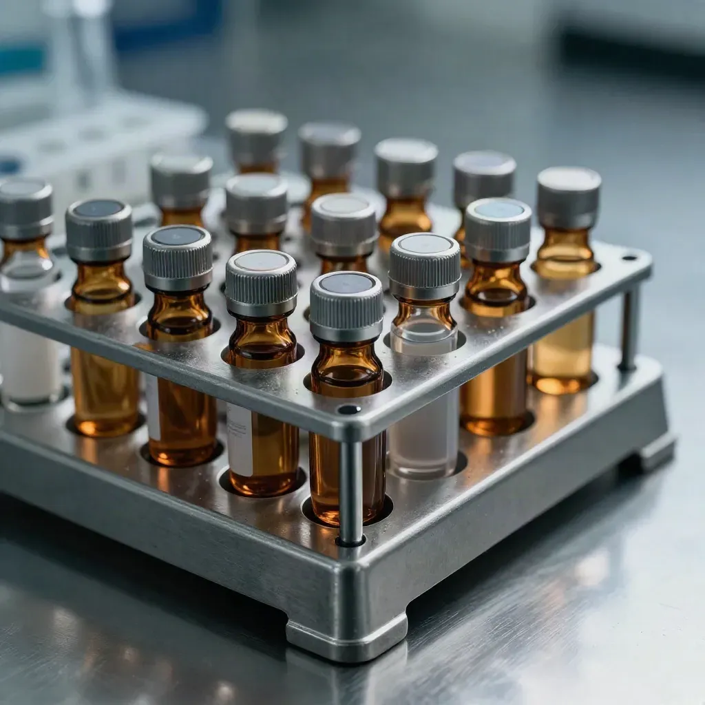 Extreme macro of a lab pipette rack, amber vial caps, and a centrifuge tray on brushed steel.