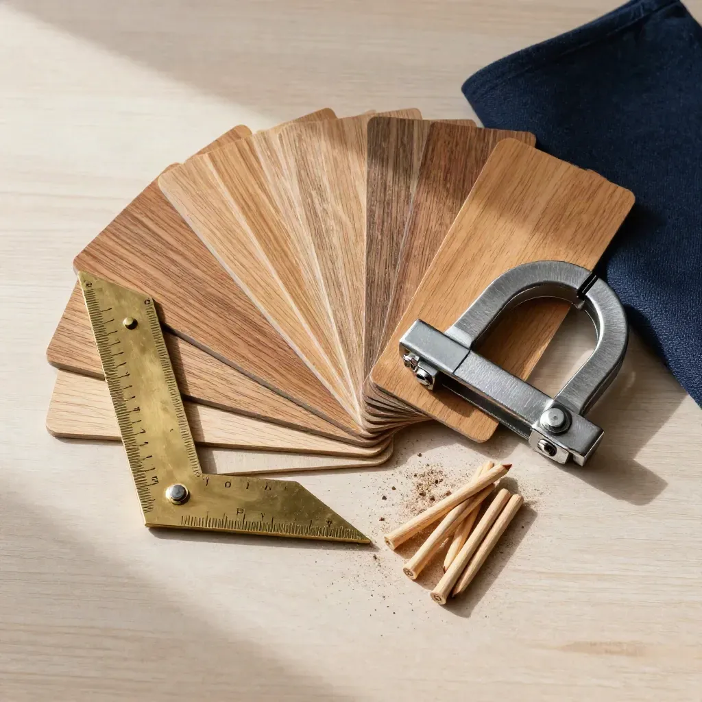 Overhead joinery still life with brass square, veneer swatches, clamp and maple dowels on pale wood.