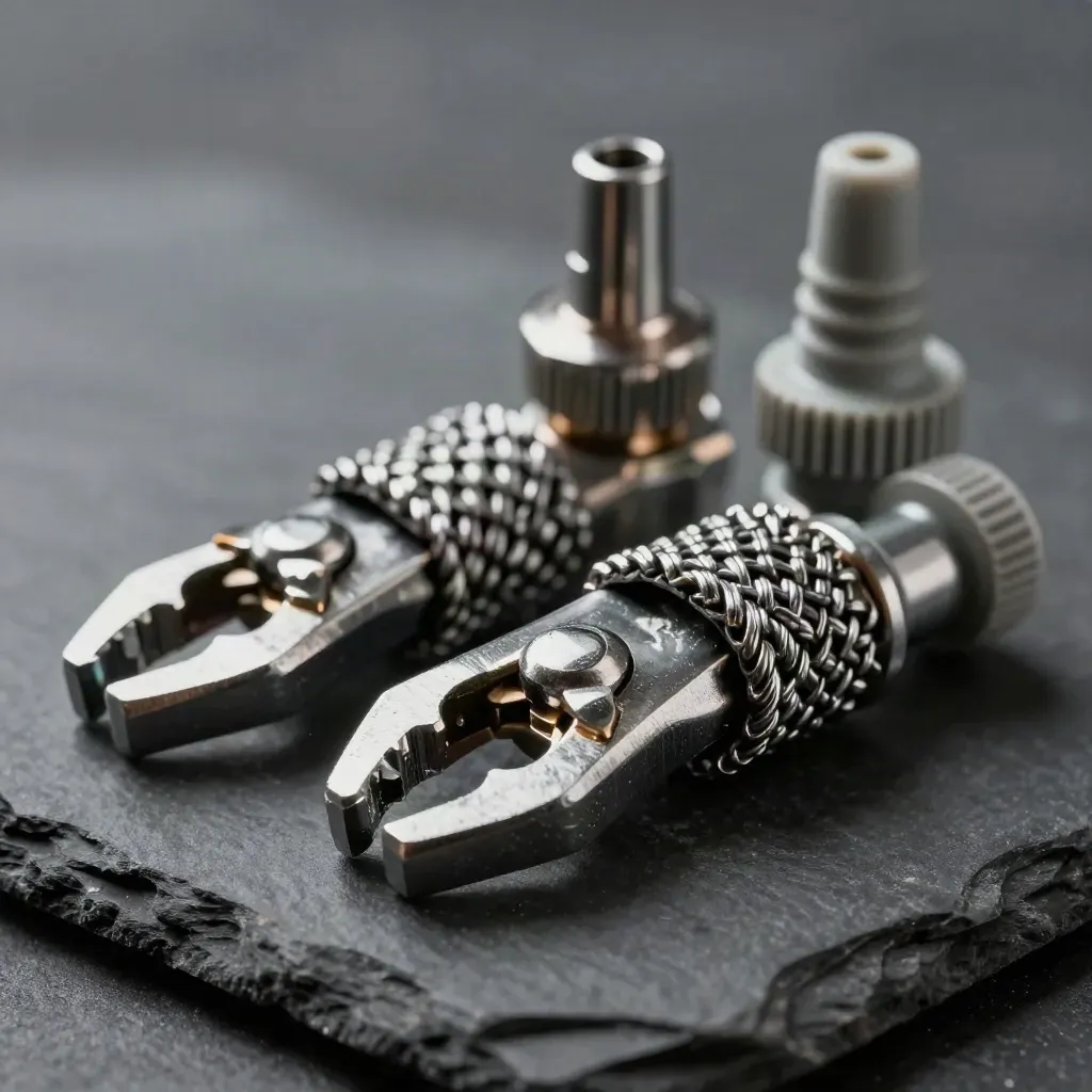 Macro still life of cable ferrules, lugs, braided sleeve and ceramic insulator on dark slate.