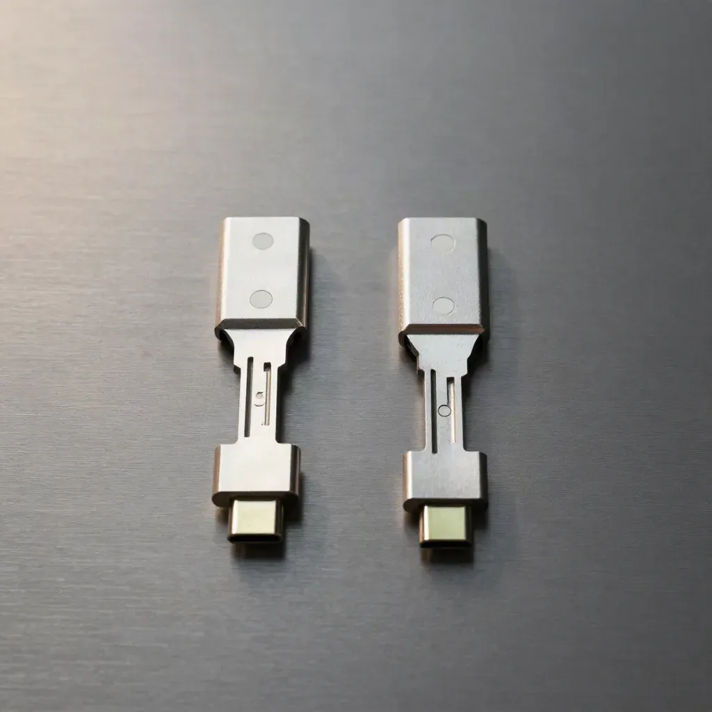 Two aluminium USB-C adapter keys and a dock puck arranged in a mirrored flat lay on brushed metal.