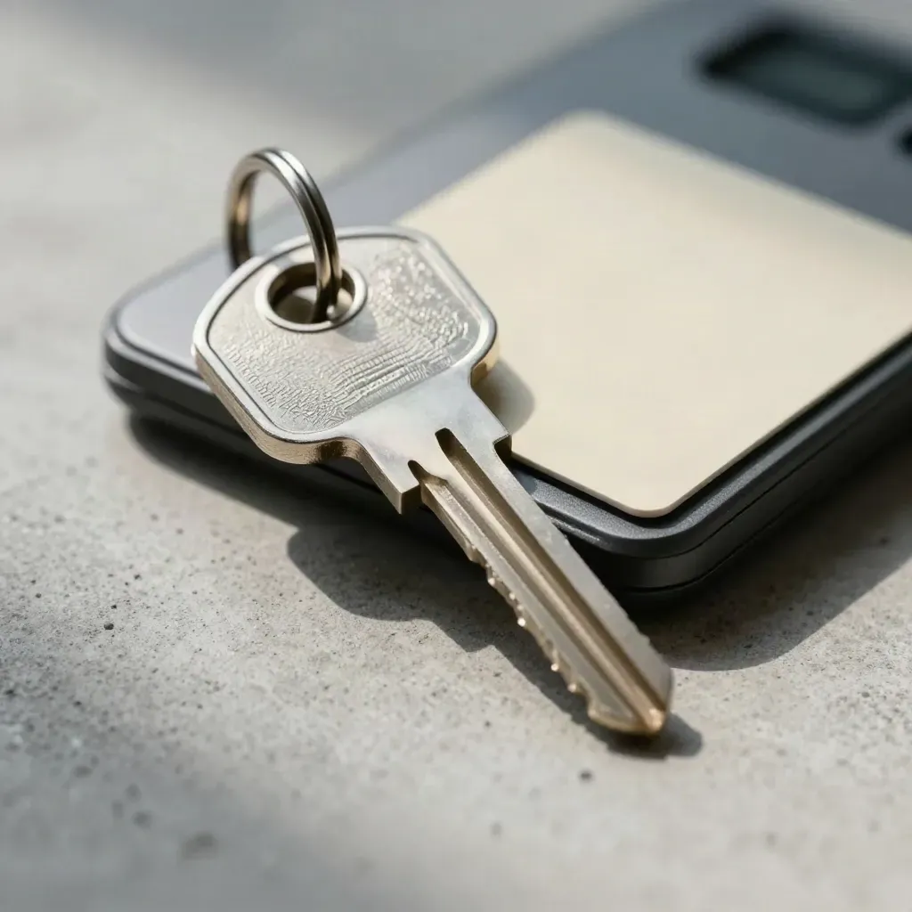 Security key, NFC card and smartcard reader on pale concrete in a diagonal macro close-up.