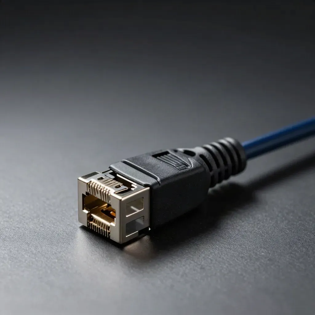 RJ45 loopback plug, navy braided patch lead, and blank coupler on matte graphite.