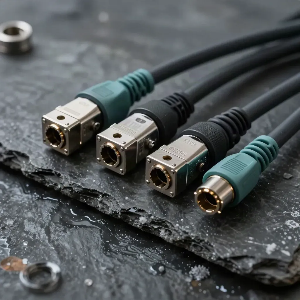 Marine network couplers, SFP modules, gasket rings and a patch cable on wet slate