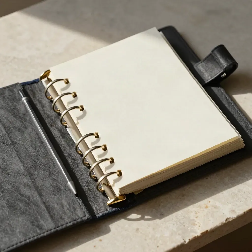 Macro of a ring-bound engineering binder with dividers, brass clips, and a pencil on pale stone.