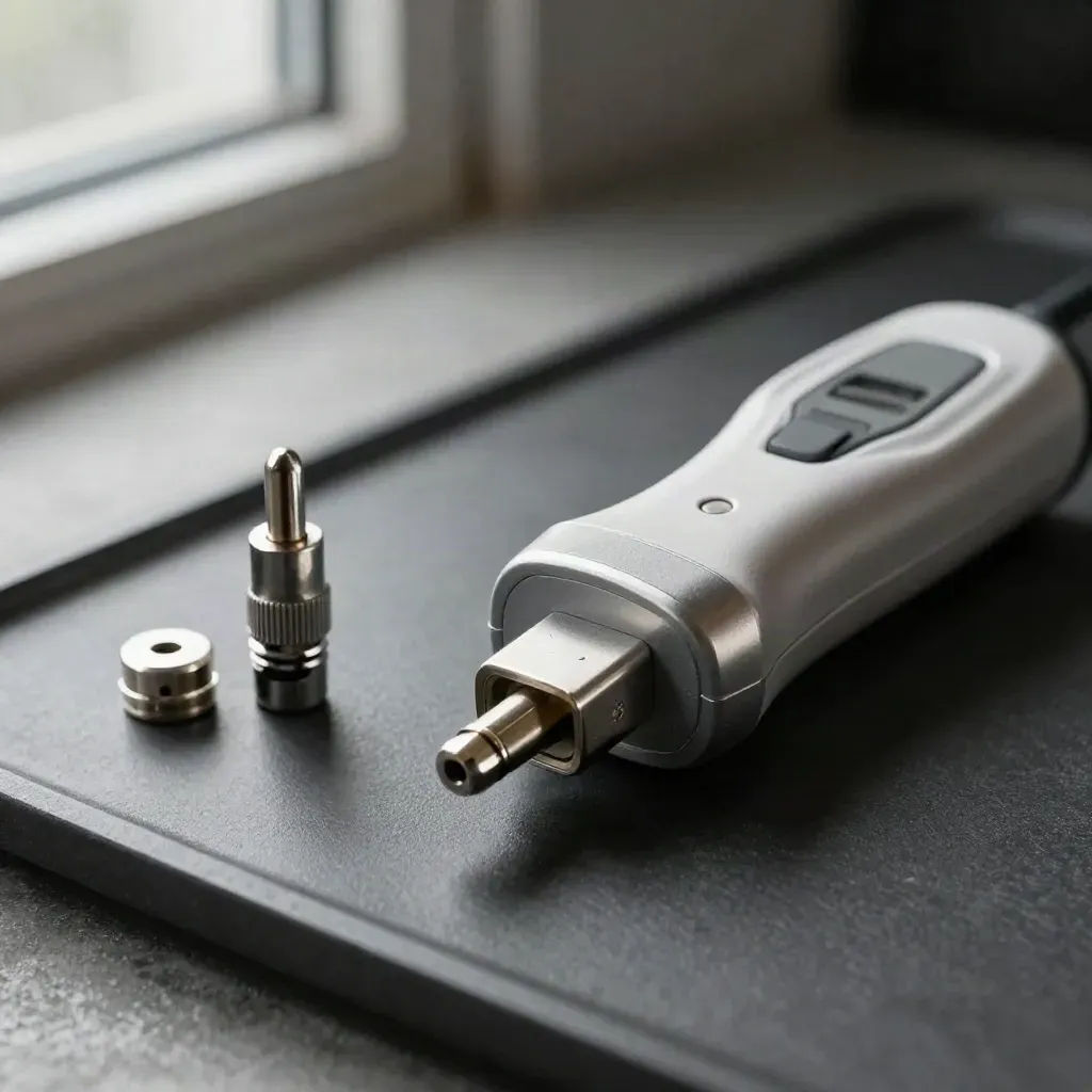Loopback plug, cable tester and probe caps on charcoal surface in soft daylight.