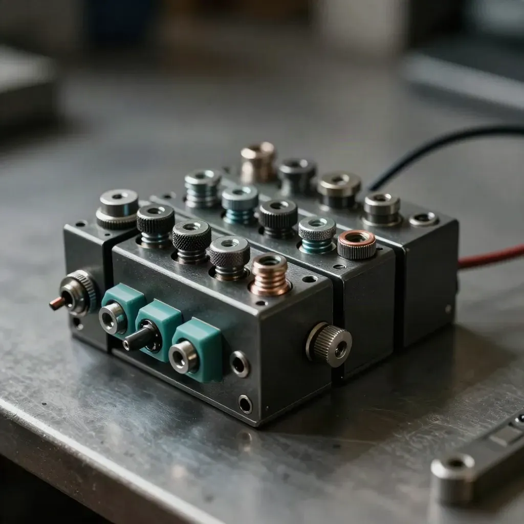 Relay terminal block and trigger switch on brushed metal, lit dramatically with dust motes.