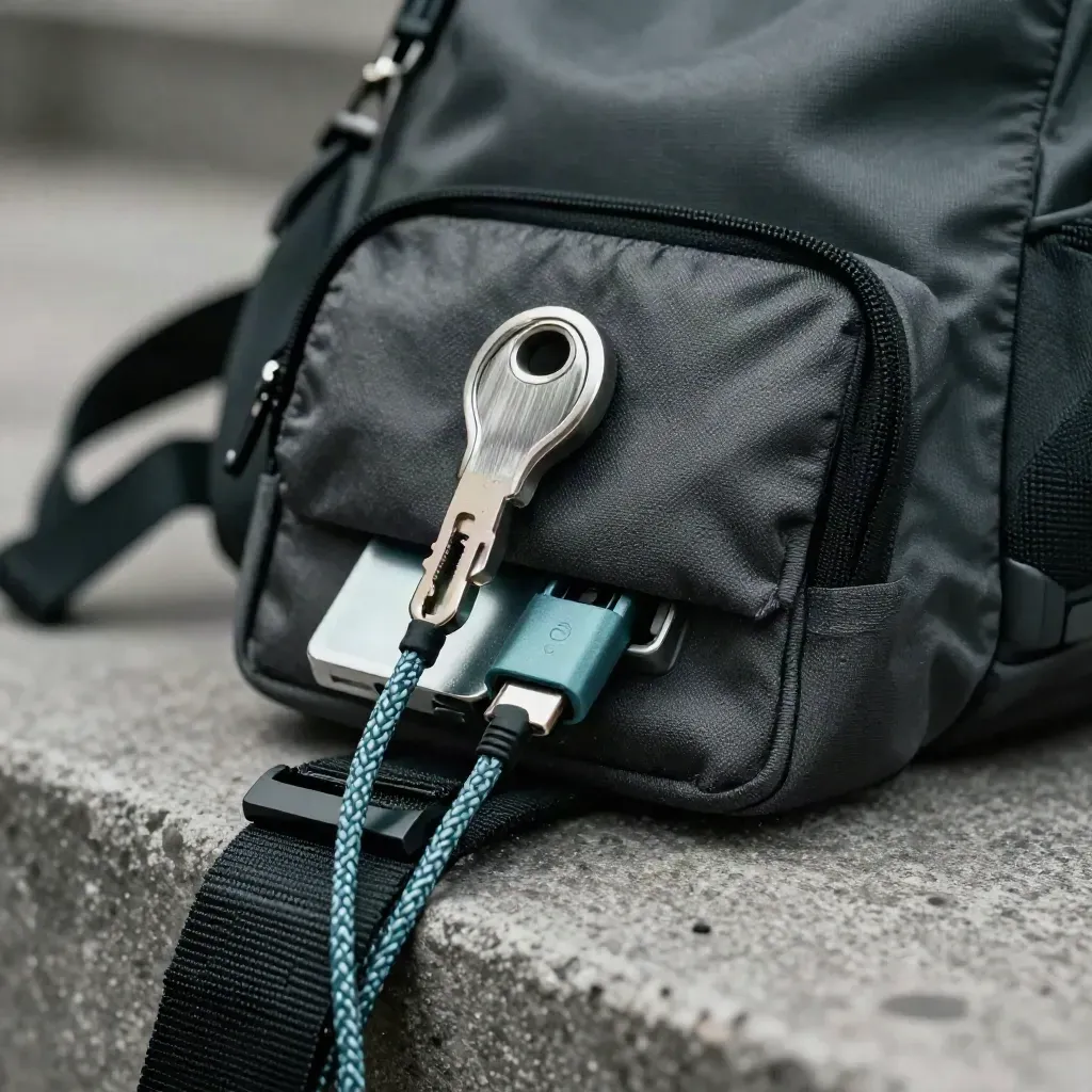 Deployment pouch with security key, USB-C lead and adapter hub beside a backpack strap.