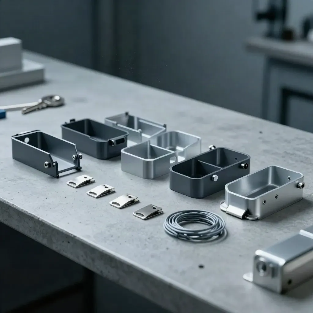 Prototype enclosure shells and cable looms on a frosted acrylic QA bench, lit dramatically