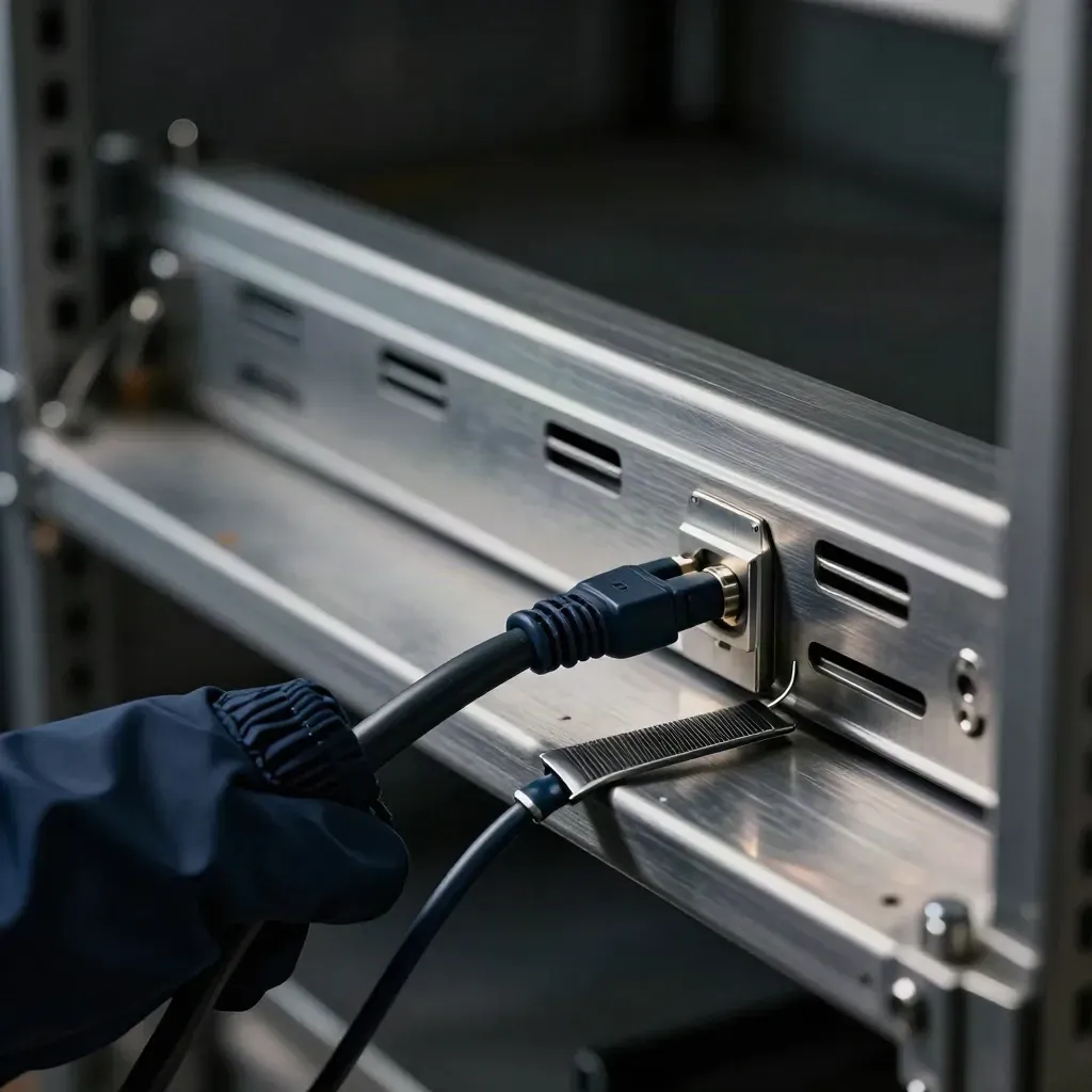 Low-angle close-up of rack rails, a navy patch lead, and a cable comb behind a grille.