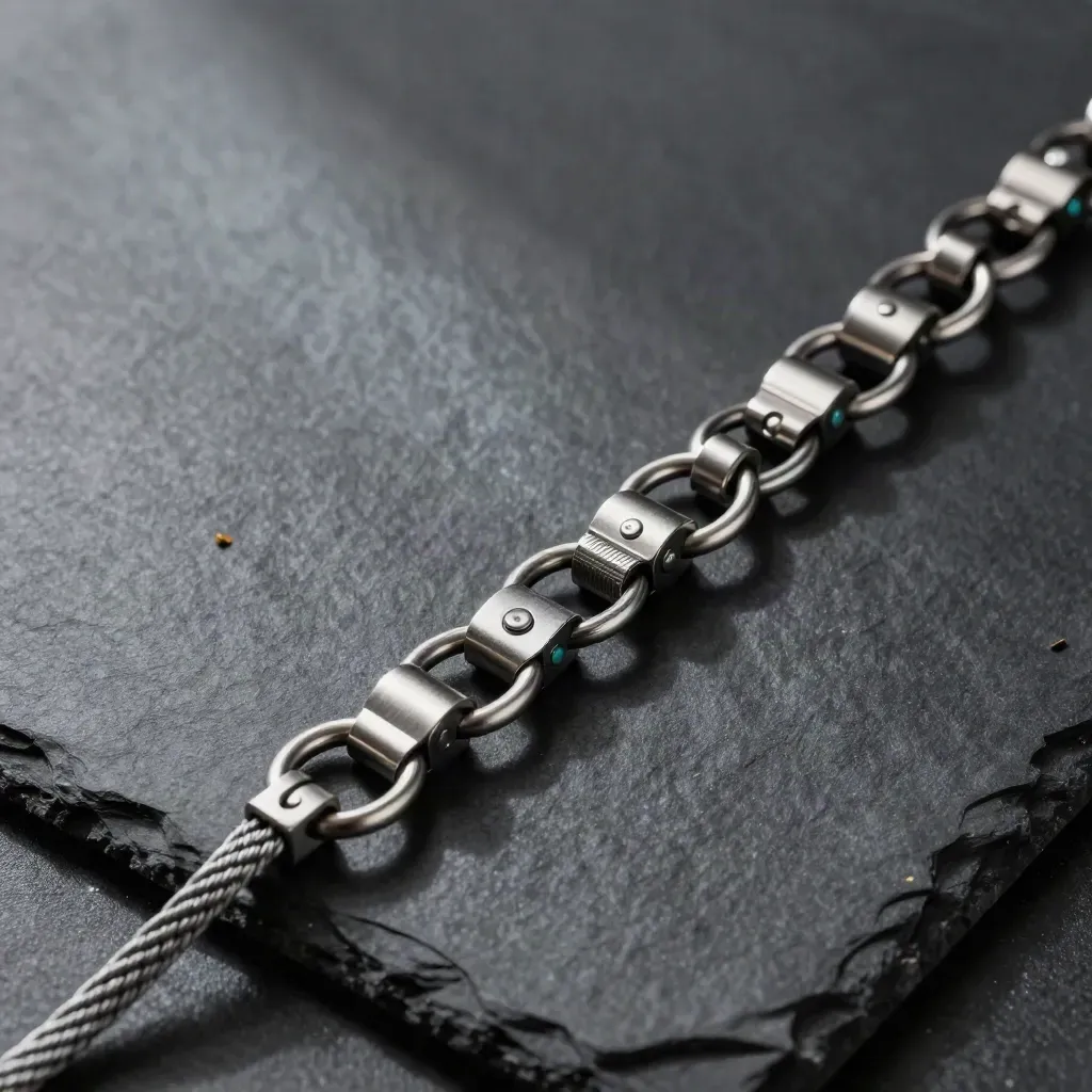 Overhead flat lay of stainless cable rings, magnetic couplers and braided lead on black slate with teal highlights.