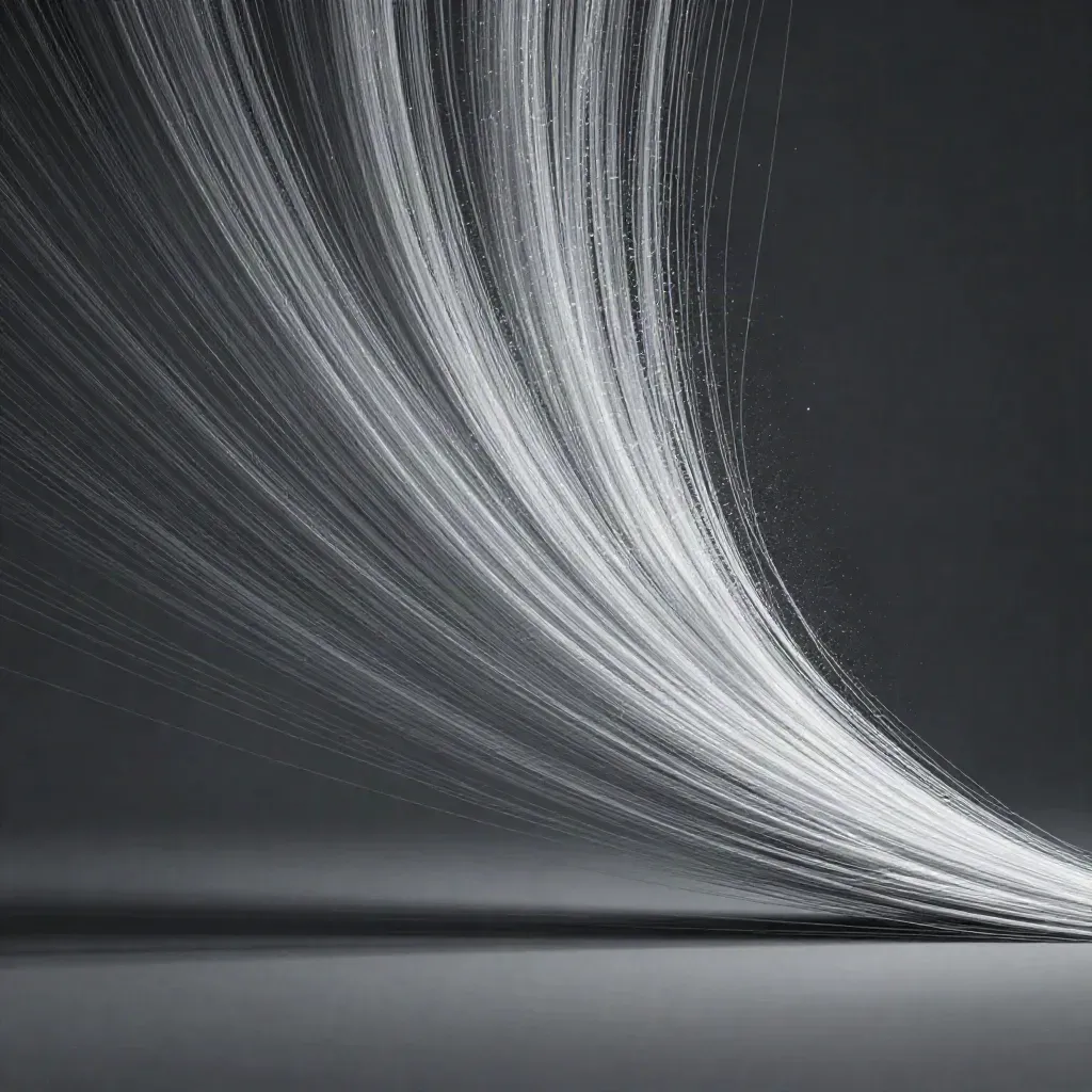 Silver light filaments bloom in graphite space with drifting motes and open copy room.