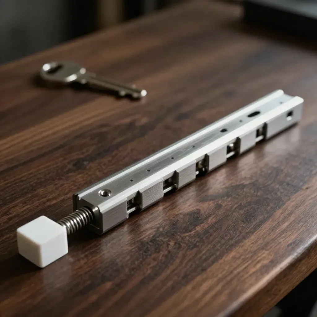 Top-down still life of aluminium rail parts, a spring latch, and spacers on dark wood