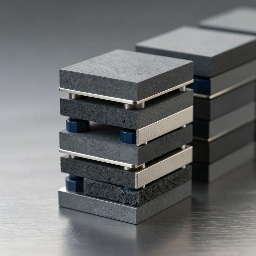Graphite modular blocks and steel standoffs stacked on brushed metal in soft macro light.